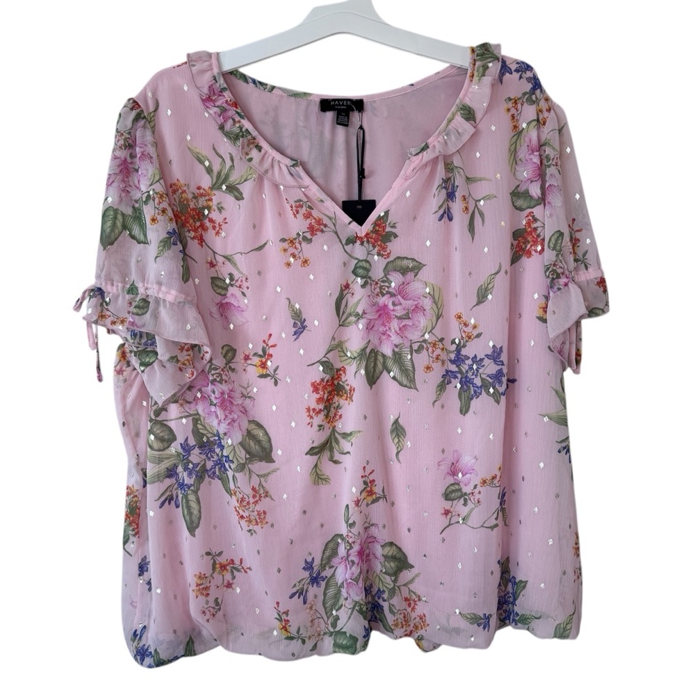 Haver London Chiffon Floral Polka Dot  V-Neck Short Sleeve Blouse Top Plus 3X